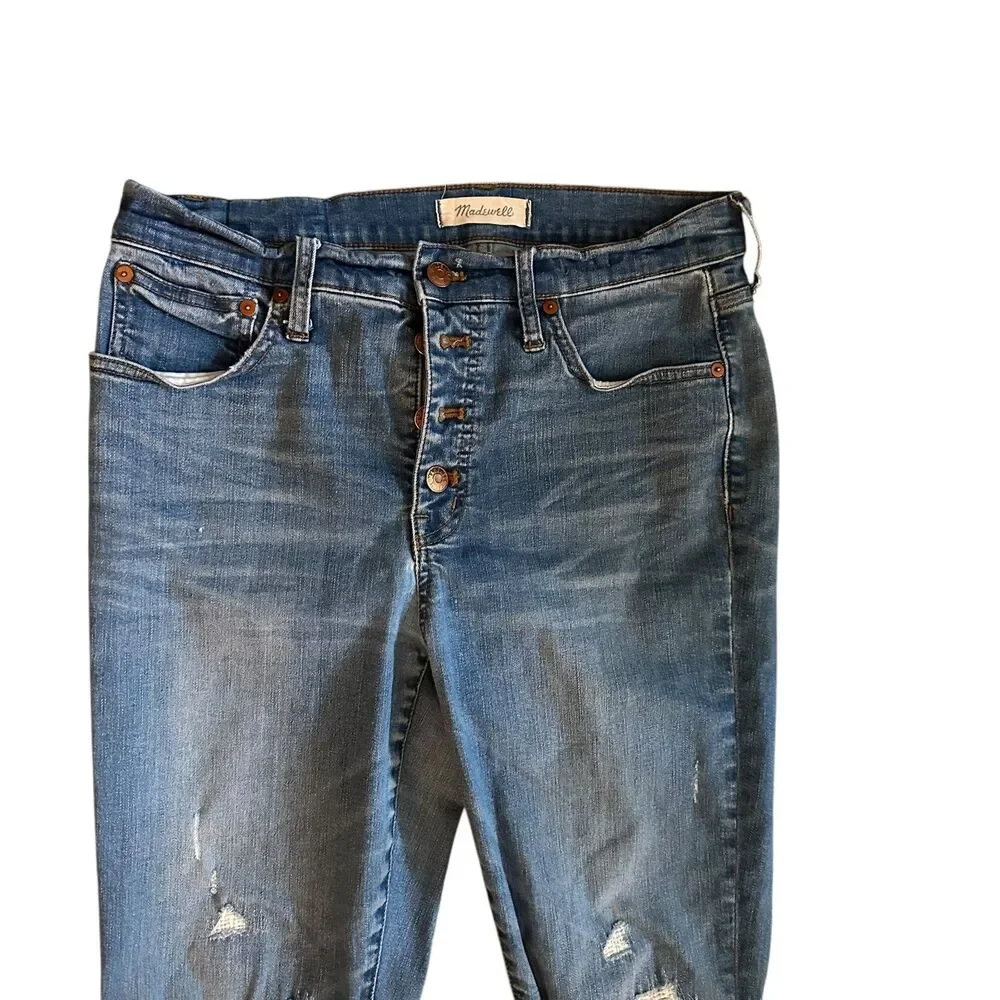Madewell Medium Wash Button Fly Distressed Cali Demi Boot Stretchy Jeans Size 29